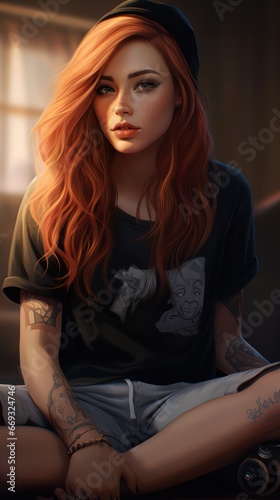 Redhead skater girl art