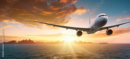 airplane flying in sunset light. Concept of fast travel, holidays and business. ai generative
