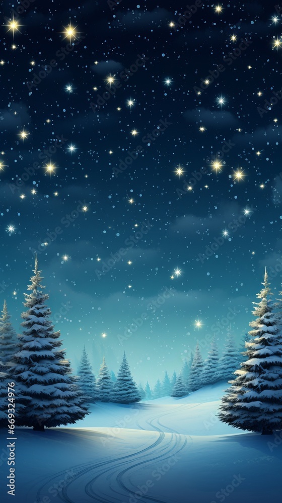 A snowy night with stars and trees