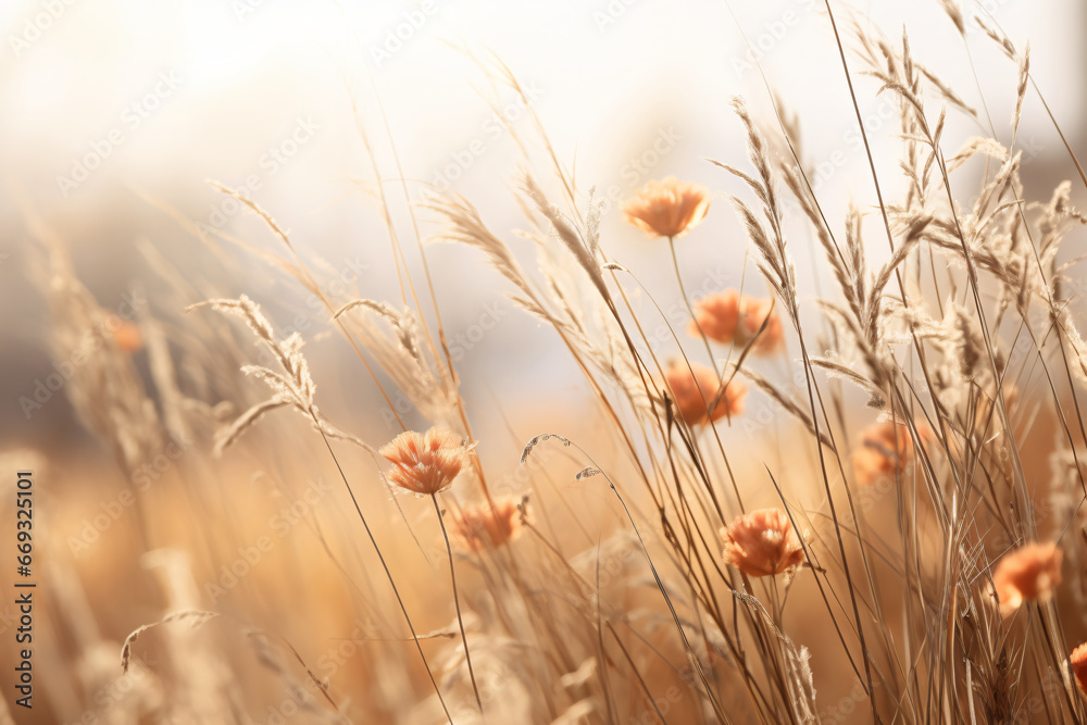 warm sunset landscape of dry wildflower - obrazy, fototapety, plakaty 