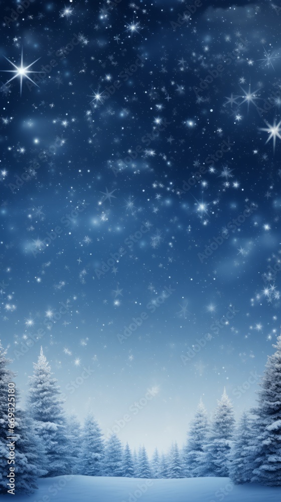 A snowy landscape with trees and stars in the sky