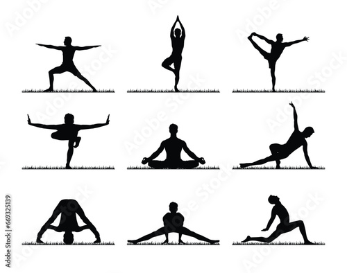 Male yoga poses on the grass field silhouette set vector.