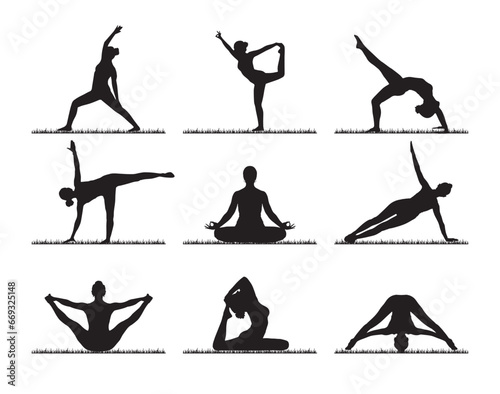 Female yoga poses on the grass field silhouette set vector.