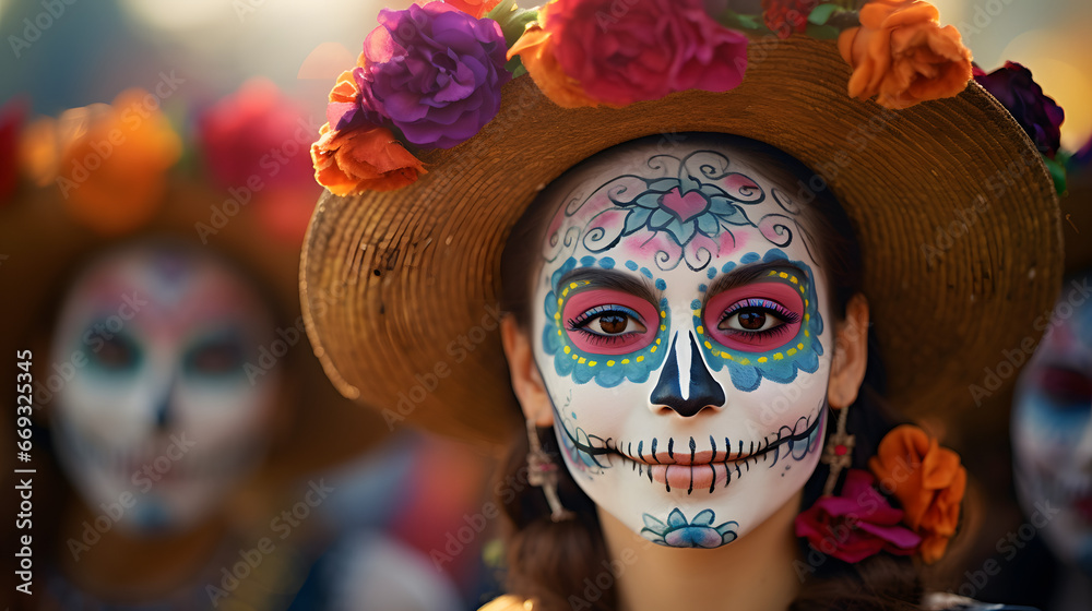 Woman with vibrant Day of the Dead makeup, adorned with colorful flowers in her straw hat, celebrating tradition