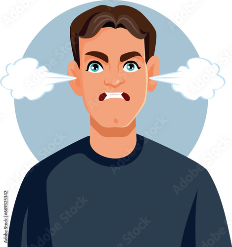 Angry Furious Man with Steam Coming out of Ears Vector Cartoon. Frustrated guy loses his temper easily before problems
