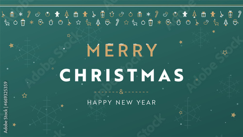 クリスマスをモチーフにしたアイコンで飾られたクリスマス背景テンプレート（緑）　Christmas background template decorated with Christmas motif icons (green)
