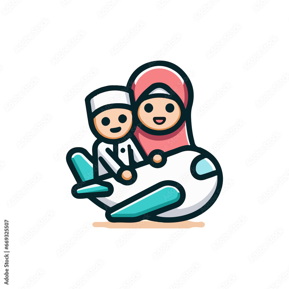 This flat vector logo/icon is designed in a caricature style with solid colors and bold lines. It features a girl in a hijab and a boy with a white kopyah, inside a stylish frame This flat vector logo/icon is designed in a caricature style with solid colors and bold lines. It features a girl in a hijab and a boy with a white kopyah, inside a stylish frame