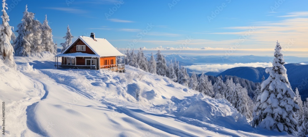 House at mountain hill on winter season. Generative AI technology.