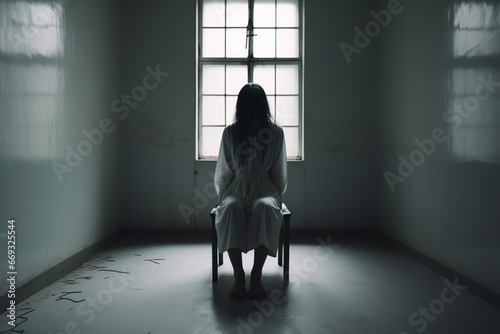 A woman in a psychiatric hospital in a locked white room, wearing a white straitjacket. A mad woman in a white straitjacket in a white room. Schizophrenia in a person. Woman on a chair photo