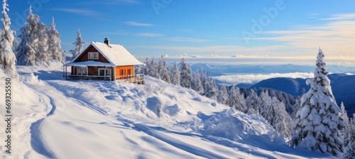 House at mountain hill on winter season. Generative AI technology.