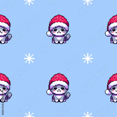 Słodki kot w czapce Świętego Mikołaja. Ilustracja w stylu pixel art. Wektorowy powtarzalny wzór.