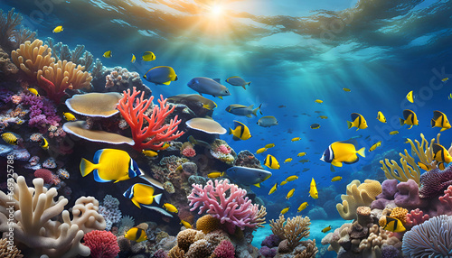 tropical coral reefs, deep sea wallpaper with colorful shells, fish, dolphins, octopuses in the depths of the bay © Perecciv