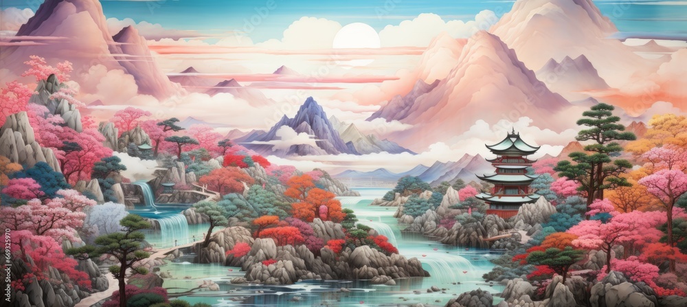 Beautiful Japanese nature forest mountain landscape and temple. Traditional oriental painting style background. Generative AI technology.