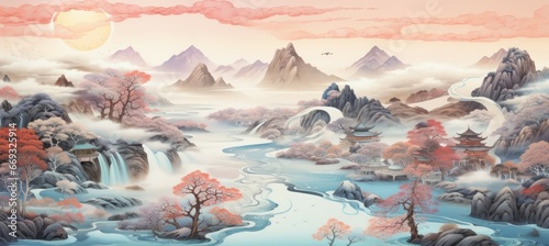 Japanese nature scenery landscape traditional oriental painting style background. Generative AI technology.	

