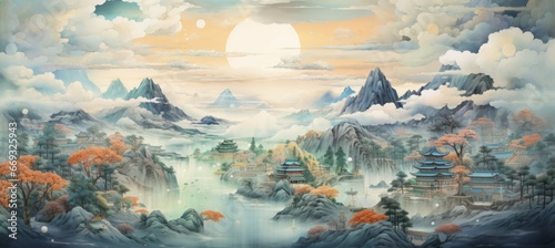 Oriental nature panoramic landscape. Traditional oriental painting style background. Generative AI technology. 