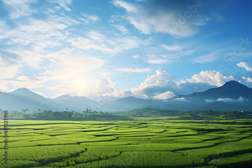 Beautiful morning Panorama Landscape paddy field