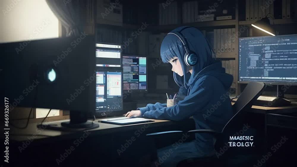 Girl is programming at a computer dramatic lighting highly detailed ...
