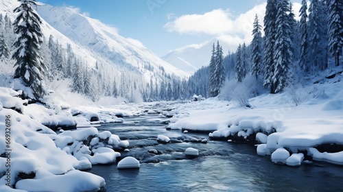 A river running through a snow covered forest