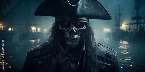 Scary pirate skeleton with red eyes and ships in background, dark, night, wide banner