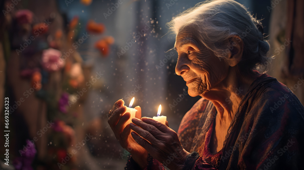 Elderly woman in deep reflection, holding candles amidst floating flower petals, capturing a serene and spiritual moment