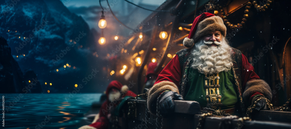 Obraz premium Santa Claus pirate captain on deck of wood sailing ship at night, outdoor at sea, winter holiday season, wide banner, copyspace