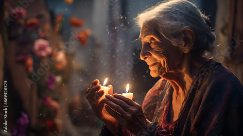 Obraz na płótnie Elderly woman in deep reflection, holding candles amidst floating flower petals, capturing a serene and spiritual moment w salonie
