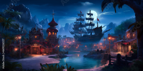 Pirate town at night with large sailing ship and full moon, wide banner