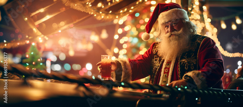 Santa Claus pirate captain drinking on deck of wood sailing ship decorated with Christmas lights at garlands at night, outdoor at sea, winter holiday season, wide banner, copyspace photo