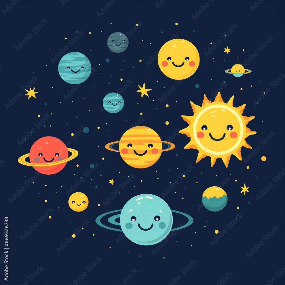 Sun and Moon Solar System Planets Space Icons on Solid Background Sun and Moon Solar System Planets Space Icons on Solid Background