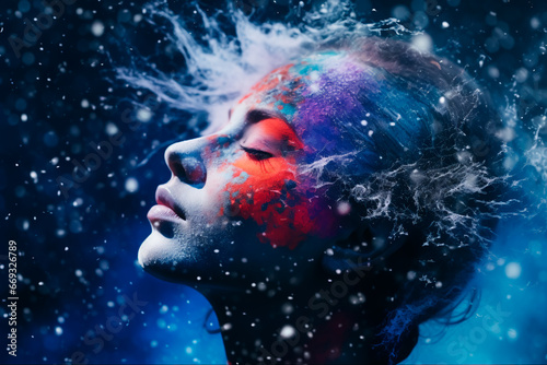 An abstract photo depicts the concept of a woman's mental struggle, symbolized by a head covered in icy blue snow. With her eyes closed, she appears to be crying, surrounded by a dark, melancholic rai
