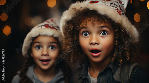 Two kids are wearing Christmas attire and stocking caps and are blown away - shocked and surprised - can’t believe the news - astounded - seasonal humor - holiday spirit  photo
