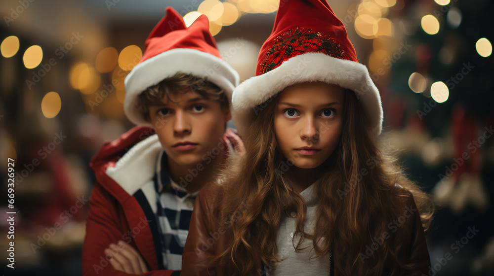 Impatient and aggravated teens - dressed in Christmas attire - holiday spirit - bored and frustrated - tired of waiting Impatient and aggravated teens - dressed in Christmas attire - holiday spirit - bored and frustrated - tired of waiting