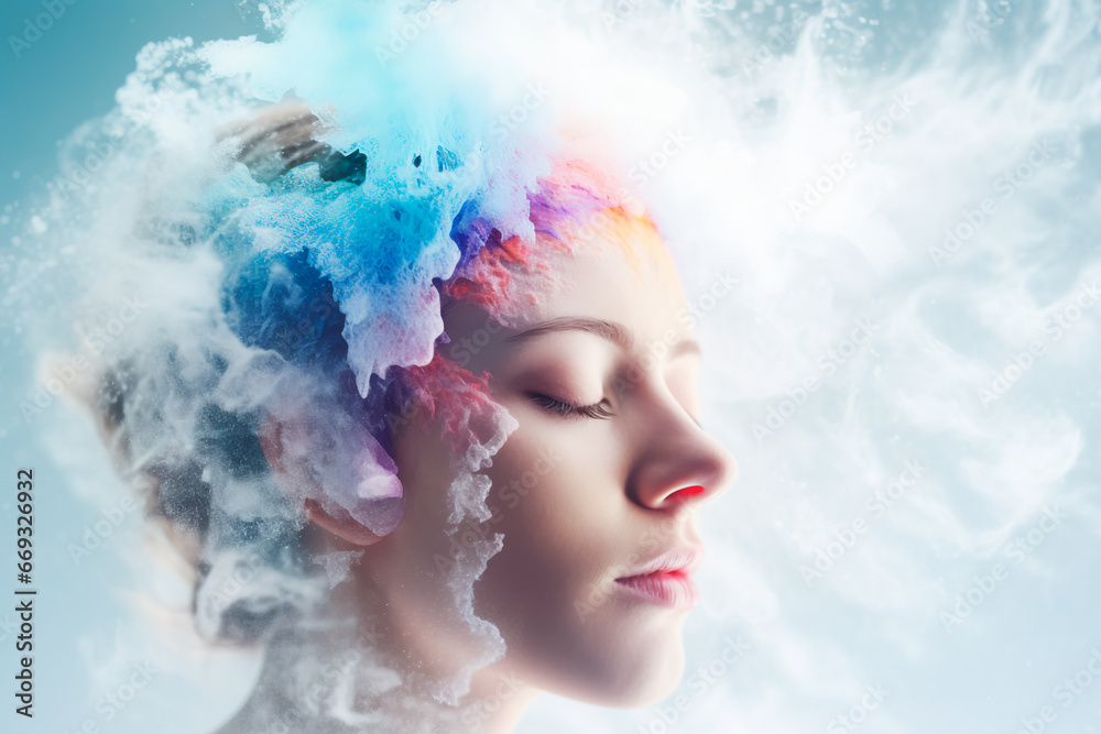 An abstract photo depicts the concept of a woman's mental struggle, symbolized by a head covered in icy blue snow. With her eyes closed, she appears to be crying, surrounded by a dark, melancholic rai An abstract photo depicts the concept of a woman's mental struggle, symbolized by a head covered in icy blue snow. With her eyes closed, she appears to be crying, surrounded by a dark, melancholic rai