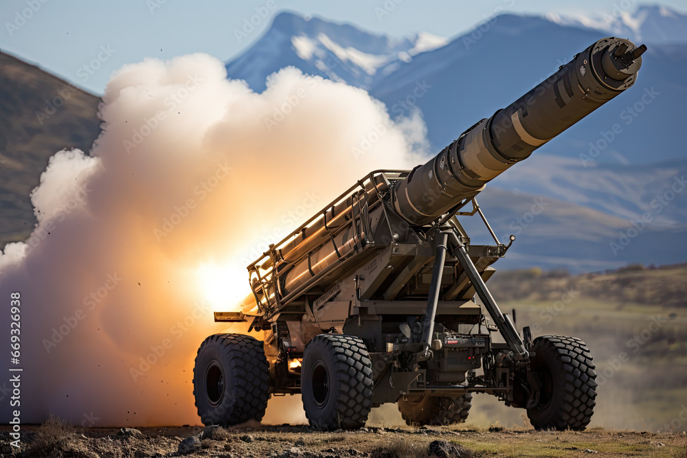 a missile being fired in the air with mountains in the back ground and snow capped peaks in the distance behind