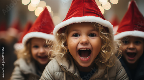 Three children excited about Santa - Christmas morning - Christmas spirit - anticipation - happy - ecstatic - overjoyed - ready to go - holiday spirit  photo
