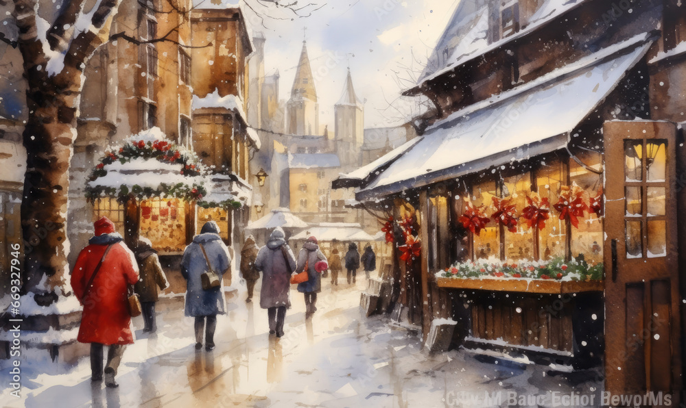 Christmas market vintage watercolor scene