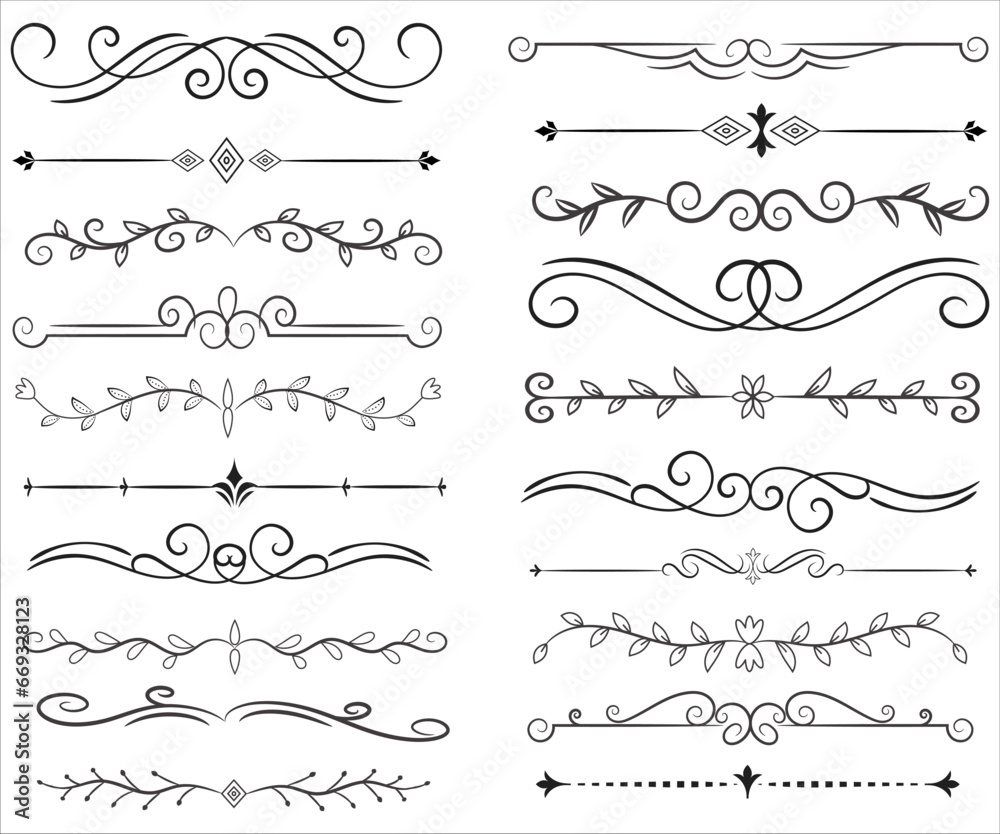 Page Divider And Design Elements. Set of Various Simple Black Divider Design, Assorted Divider Collection Template Vector. Collection of floral dividers elements mega decoration for Calligraphy.