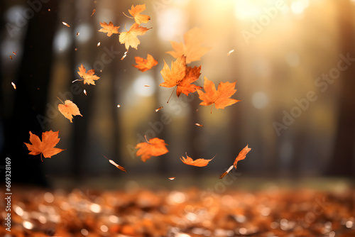 An enchanting low-angle and close-up composition showcasing a symphony of falling autumn leaves, with each leaf contributing to the poetic dance of nature.