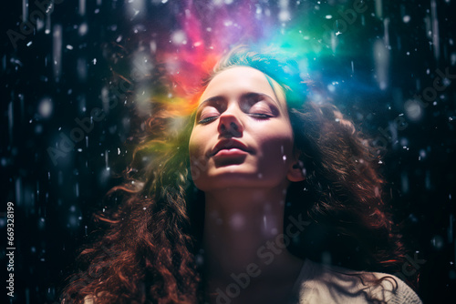 An abstract photo depicts the concept of a woman's mental struggle, symbolized by a head covered in icy blue snow. With her eyes closed, she appears to be crying, surrounded by a dark, melancholic rai