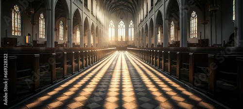 Classic modern church interior. Generative AI technology. photo