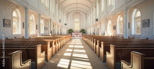 Classic modern church interior. Generative AI technology.  
