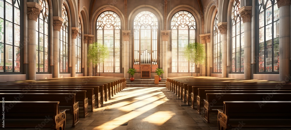 Church interior with morning shiny light. Generative AI technology.
