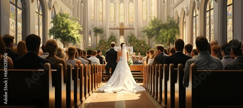 Bride and groom wedding ceremony at church. Generative AI technology.	
 photo
