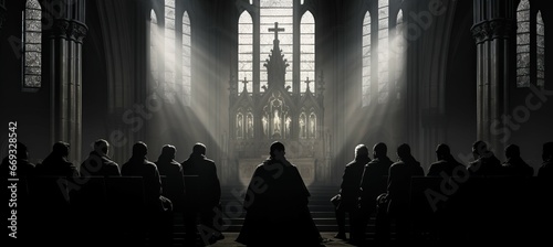 Dark cult praying at church. Generative AI technology.