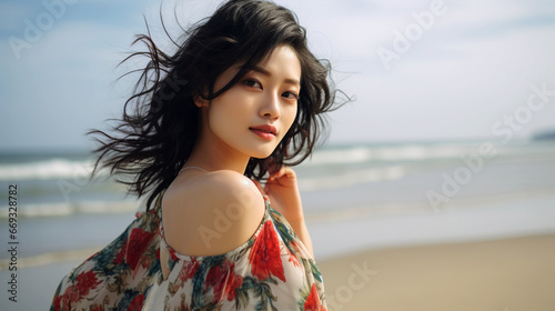 An Asian woman on the beach at sunset