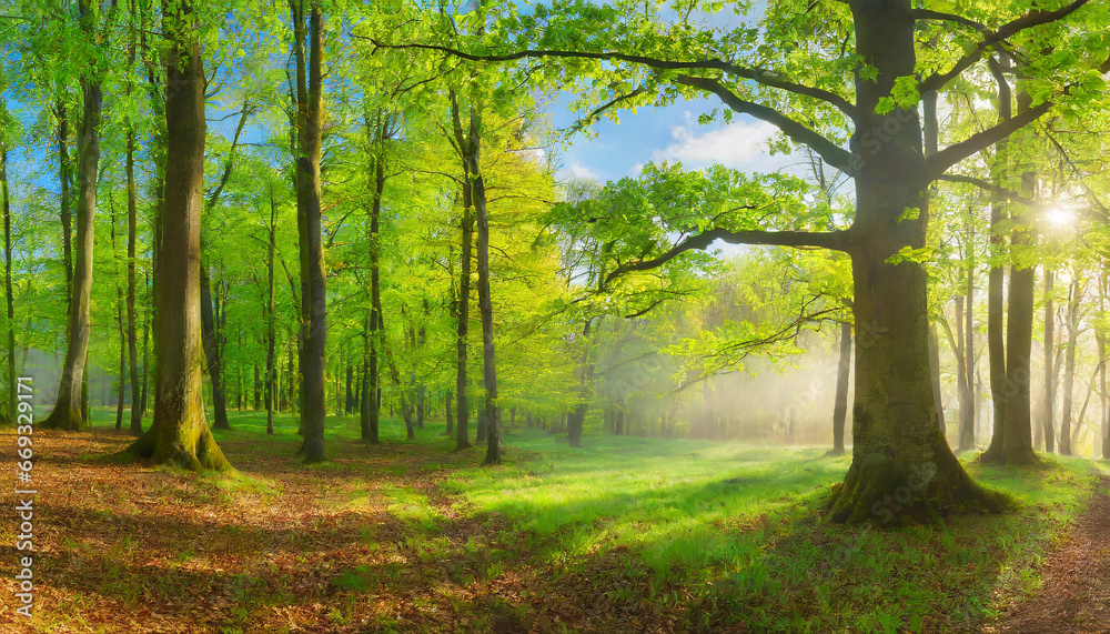 Panorama of Sunny Natural Oak and Beech Forest in spring with first green leaves and morning mist Panorama of Sunny Natural Oak and Beech Forest in spring with first green leaves and morning mist