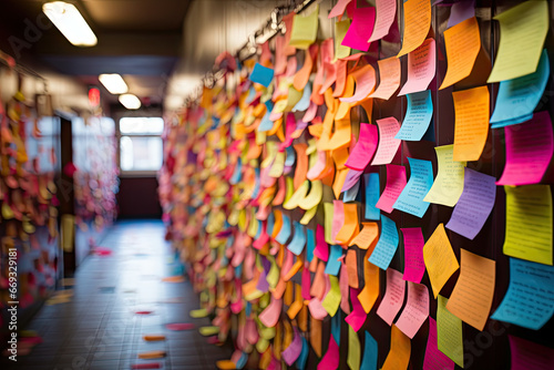 colorful sticky notes on a wall in an office building, with the post - it notes attached to the walls