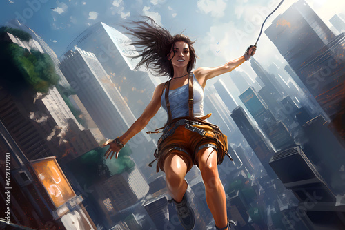 Print op canvas woman swinging high above city streets hanging on rope or cord