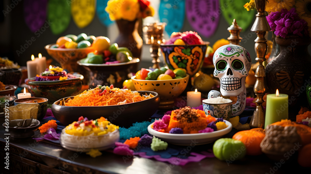 Day of the Dead altar with vibrant food offerings, decorative sugar skull, lit candles, and colorful paper banners in a dimly lit ambiance