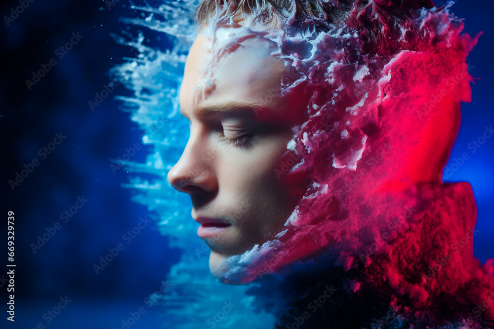 An abstract photo depicts the concept of a man's mental struggle, symbolized by a head covered in icy blue snow. This image conveys the sadness, loneliness and helplessness An abstract photo depicts the concept of a man's mental struggle, symbolized by a head covered in icy blue snow. This image conveys the sadness, loneliness and helplessness